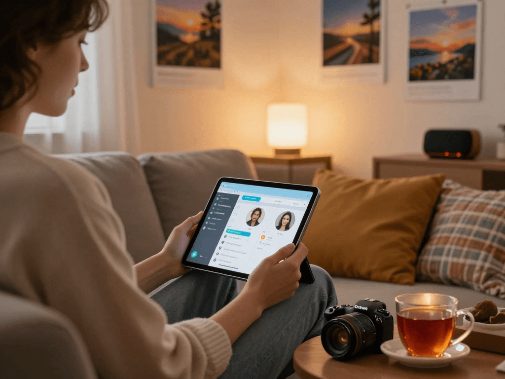 Interactive ai sex chat experience with a cozy atmosphere and tablet.
