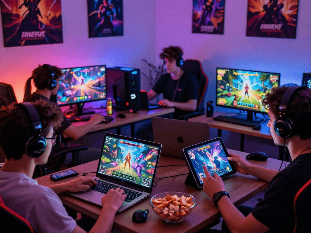 Players enjoying a variety of porn games online on multiple devices in a cozy gaming room.