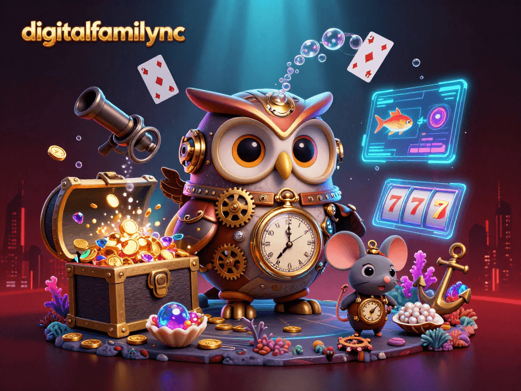 Experience thrilling casino action with digitalfamilyinc's vibrant 3D scene of steampunk owl and gaming elements.