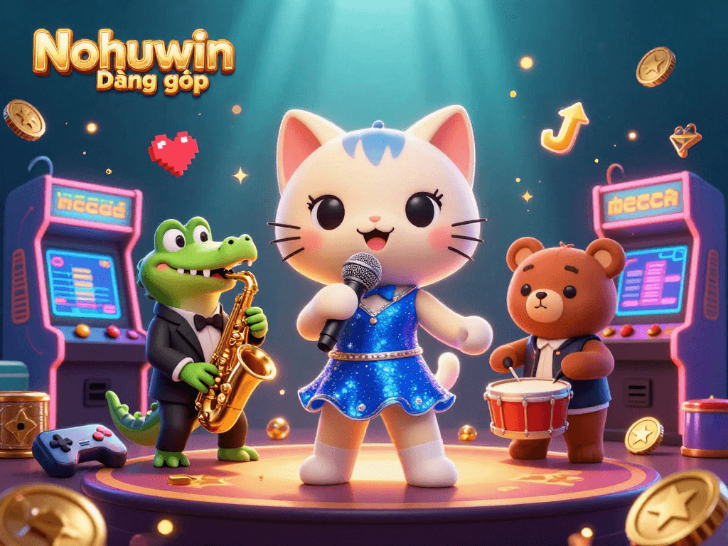 Nohuwin Đăng nhập elevates casino gameplay as a jazzy cat, crocodile, and bear entertain amidst vibrant arcade elements.