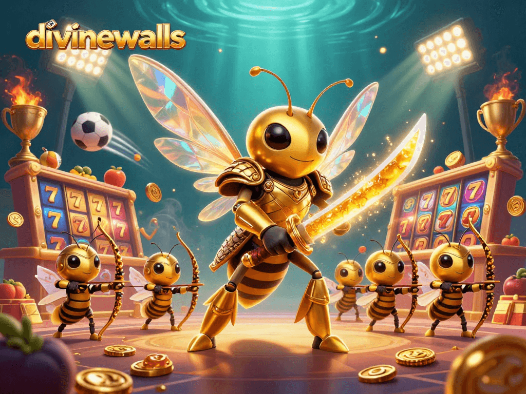Engage in thrilling action at divinewalls, featuring dynamic slot games and golden token rewards amidst vibrant elements.