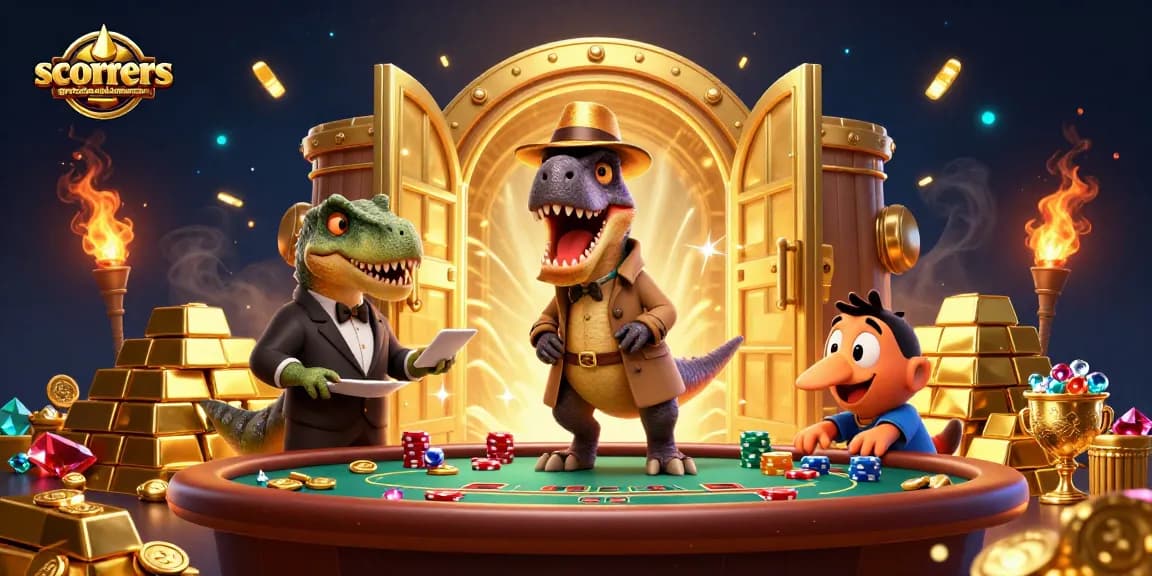Join the action at scorerssportsbarandrestaurant with a velociraptor card counter and stegosaurus pit boss in a vibrant casino scene.
