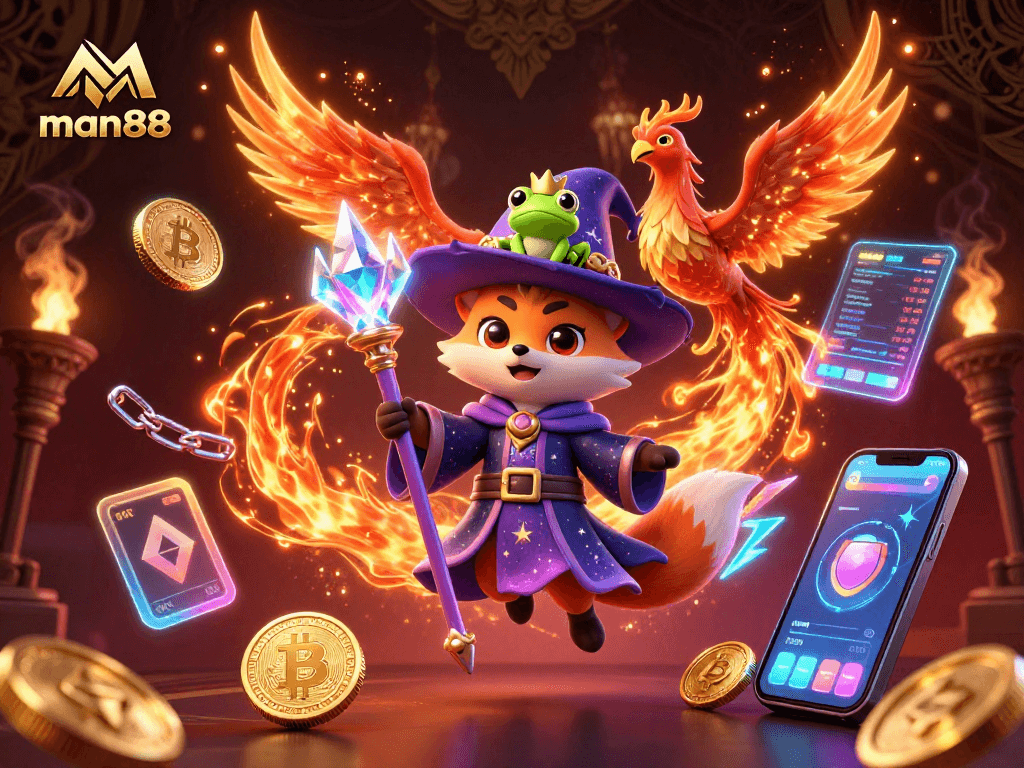 man88 offers thrilling gaming experiences featuring a mystical wizard fox and phoenix amid vibrant casino elements.