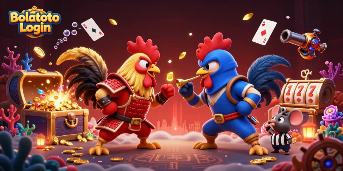 Engage with Bolatoto Login by jumping into a vibrant 3D scene of fighting roosters and dynamic casino elements.