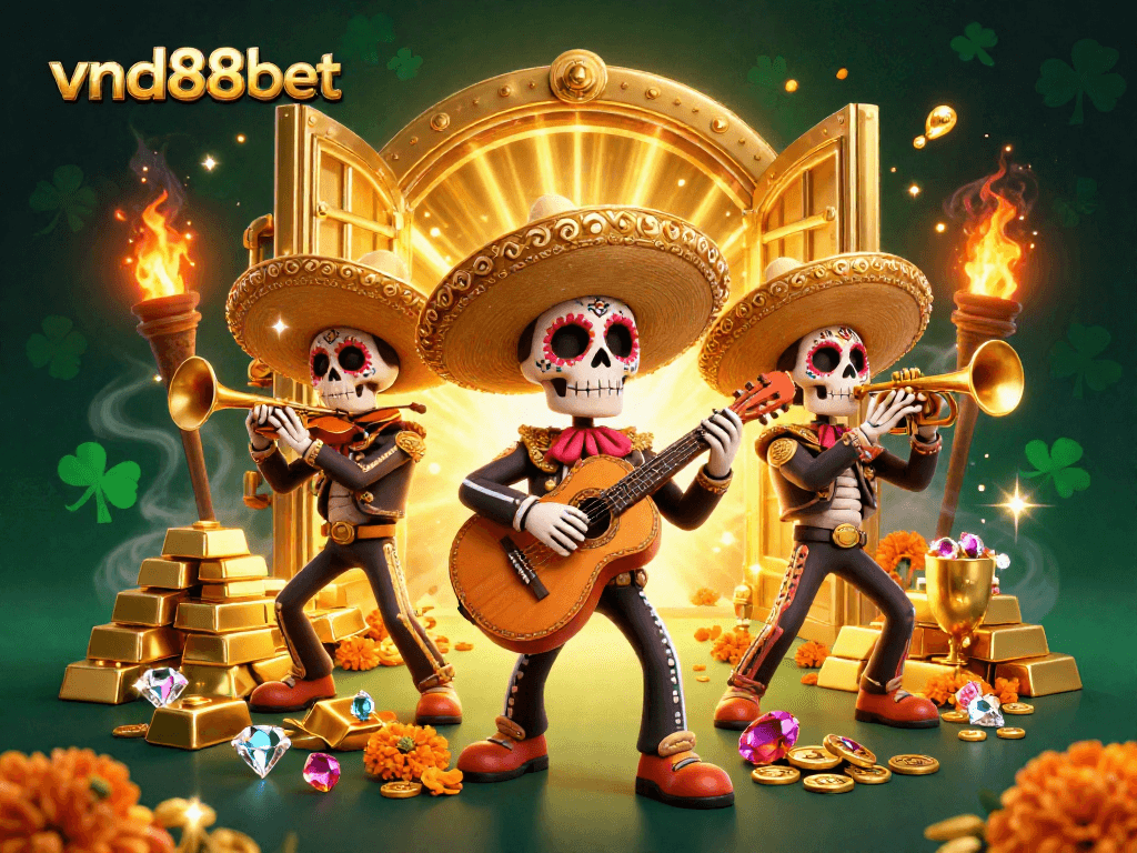 Experience the vibrant celebration of fortune with vnd88bet's lively mariachi band amid a treasure vault.