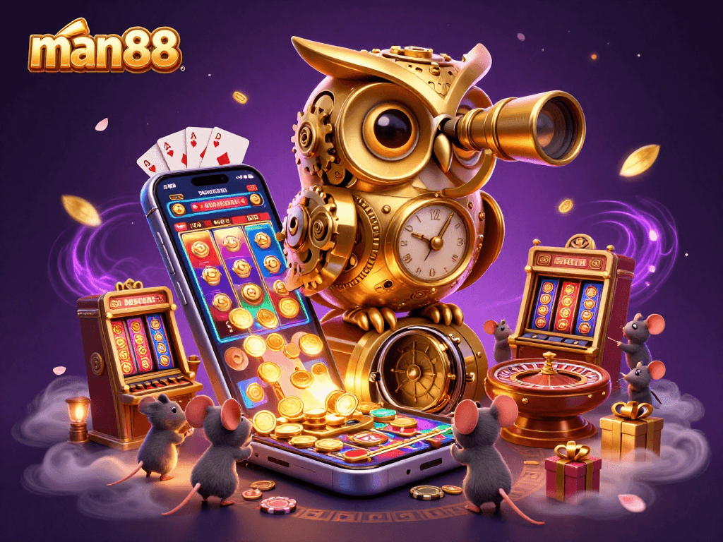 Experience thrilling casino action with man88's vibrant 3D illustration showcasing dynamic characters amidst exciting slot game elements.