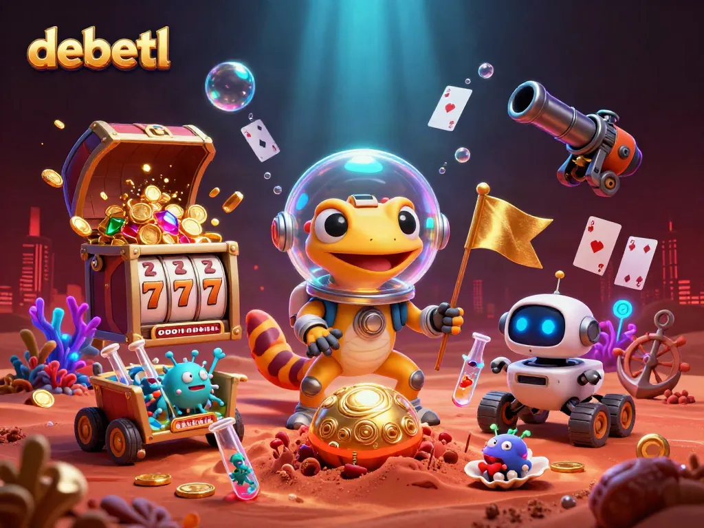 Engage in thrilling casino adventures with debetl, as Martian geckos discover jackpots in a vibrant scene.
