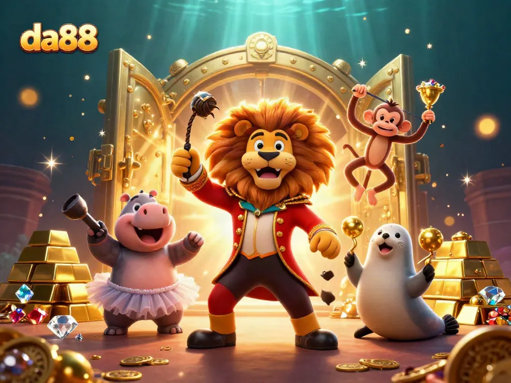 Join the excitement at da88 with dynamic casino characters surrounded by riches and vibrant gambling elements.