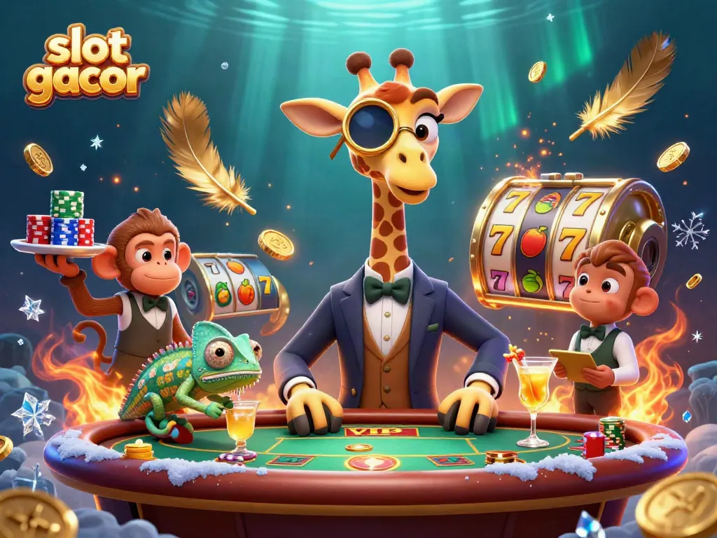 Engage with slot gacor designs featuring a giraffe, monkey, and chameleon in a vibrant casino atmosphere.