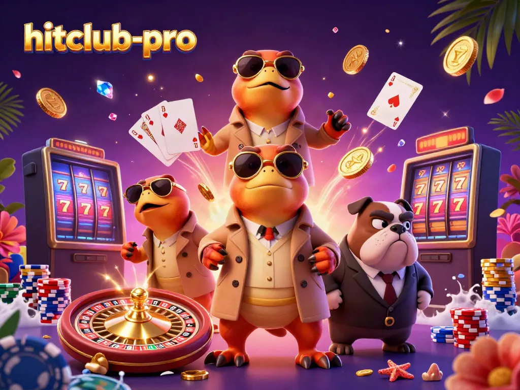Hitclub-pro showcases cartoon raptors in a trench coat entering a casino, sparkles and chips abound.