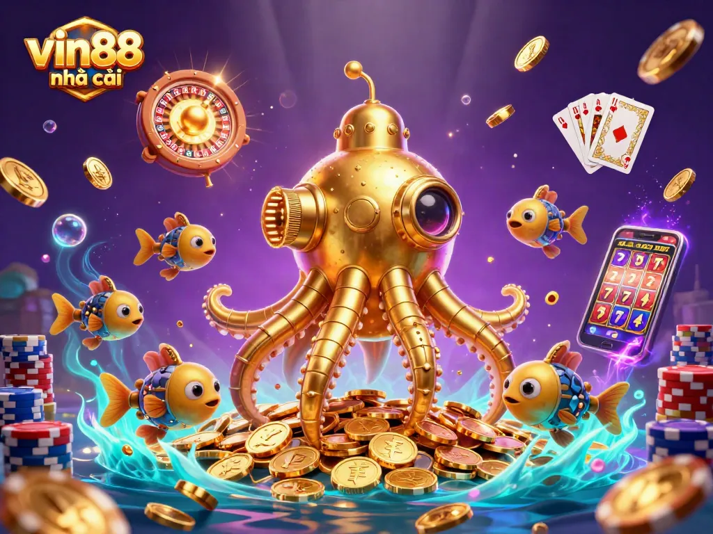 Win big with vin88 nhà cái in this vibrant 3D casino scene featuring golden kraken and dynamic gaming elements.