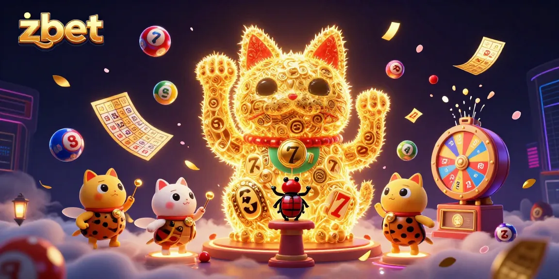 Experience zbet's magic with a giant lucky cat amid vibrant casino symbols in a dynamic setting.