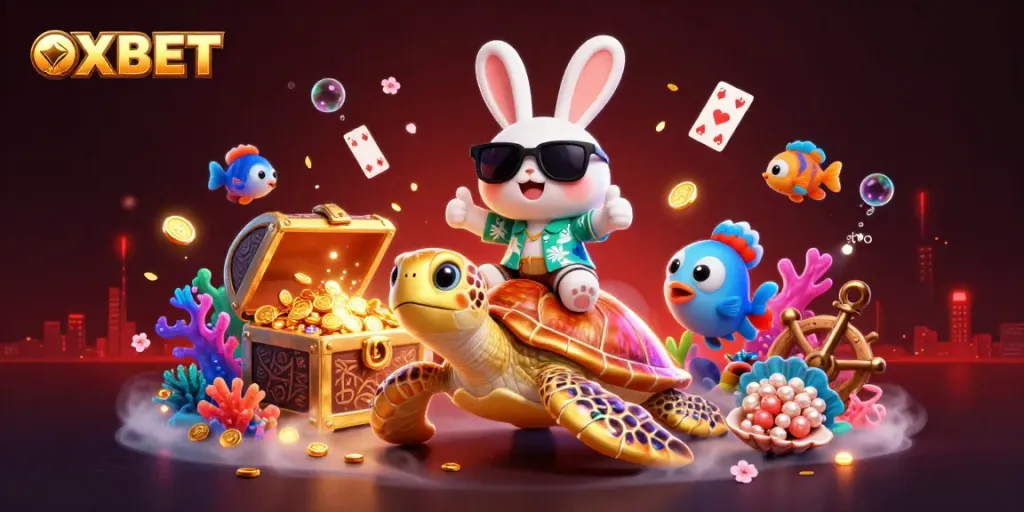 Join the fun at OXBET with a lucky rabbit and golden turtle, surrounded by exciting casino treasures!