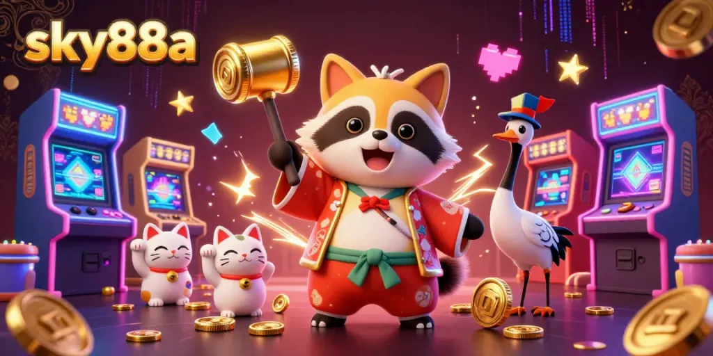 Join the fun at sky88a with vibrant game machines and lucky raccoon characters!