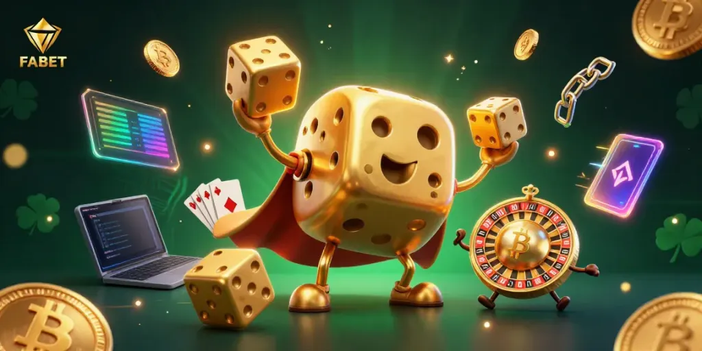 Cheerful FABET characters juggling dice and crypto in an exciting gambling scene.