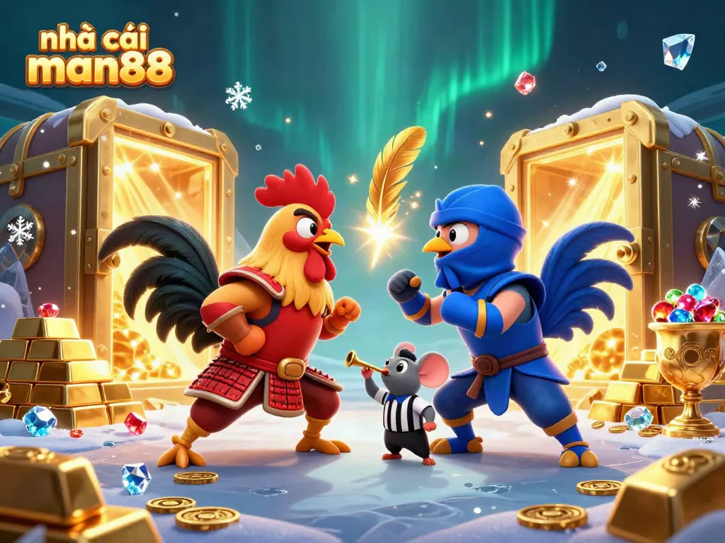 Experience thrilling standoffs at nhà cái man88 with dynamic rooster battles surrounded by treasures.