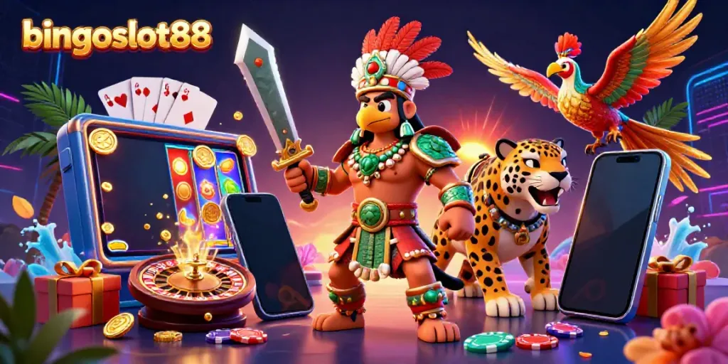 Bermain slot seru di bingoslot88 dengan pejuang Aztec dan jaguar, penuh elemen kasino menarik.