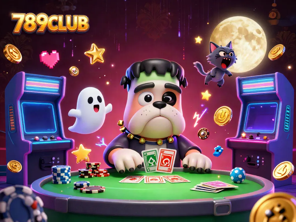 Participate in thrilling card games at 789CLUB with a cartoon Frankenstein bulldog and ghostly companions.