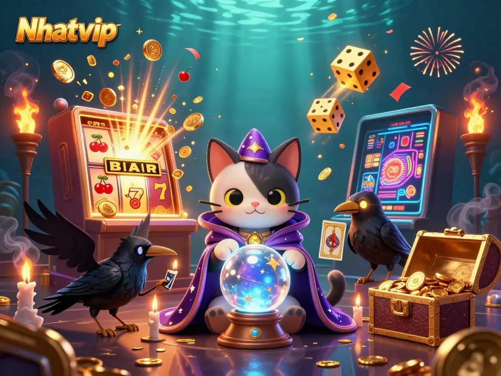 Nhatvip showcases an enchanting casino scene with vibrant characters, dynamic slots, and glowing treasures.