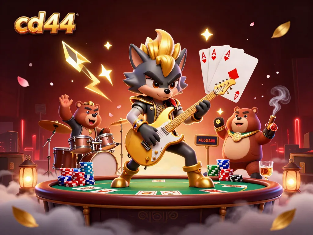Experience the action-packed cd44 gaming scene with a rock star wolf and drummer bear on stage.