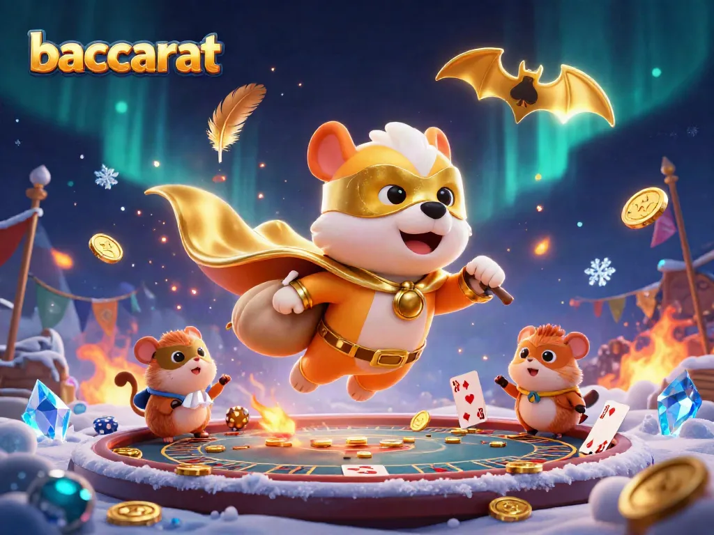 Baccarat game scene featuring a superhero dog and a hamster, amidst dynamic casino elements.