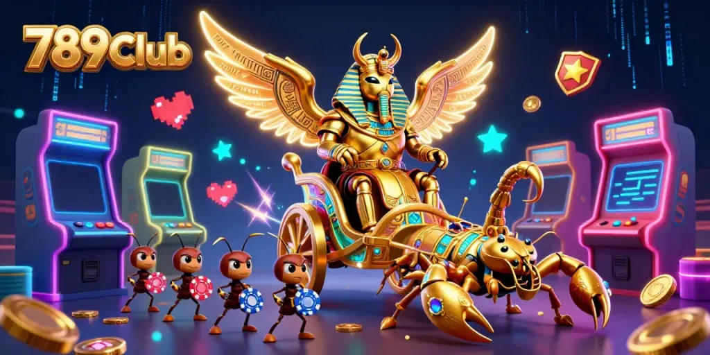 Engage in thrilling games at 789Club with golden beetle chariots and neon arcade machines.