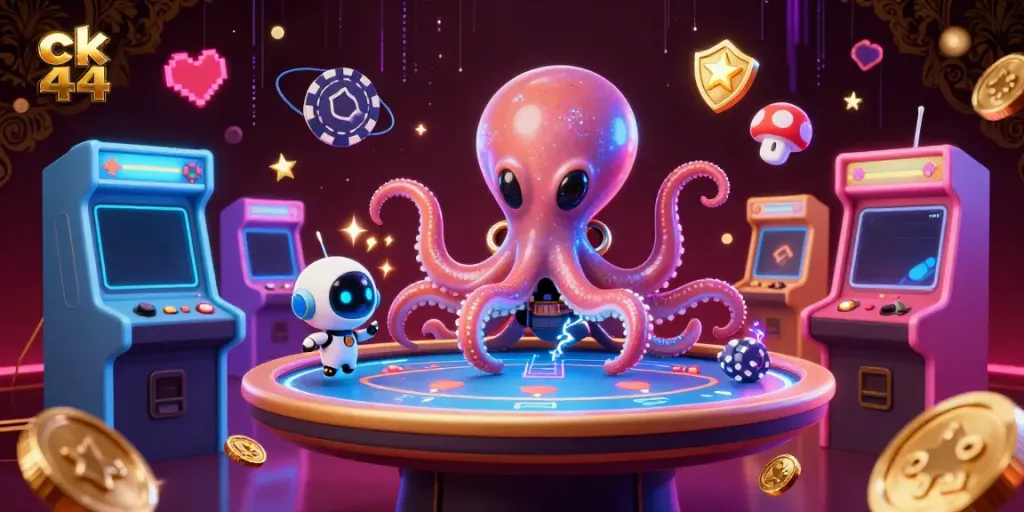 Engage with ck 44's vibrant casino experience in this colorful 3D scene featuring an octopus and robot at a poker table.