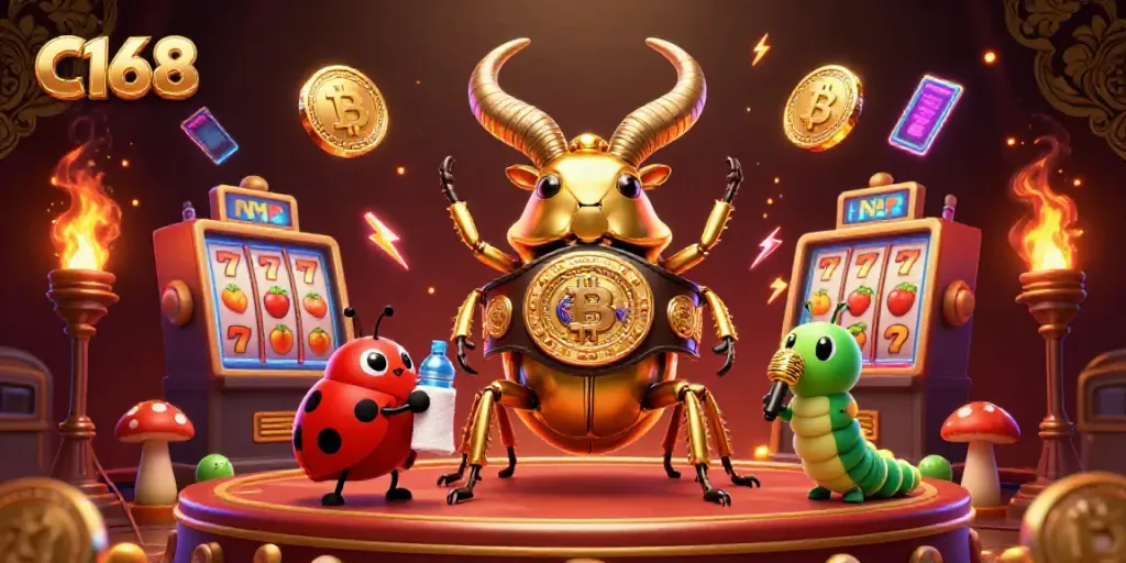 Join the excitement at C168, a vibrant casino scene featuring a golden stag beetle champion and interactive slots.