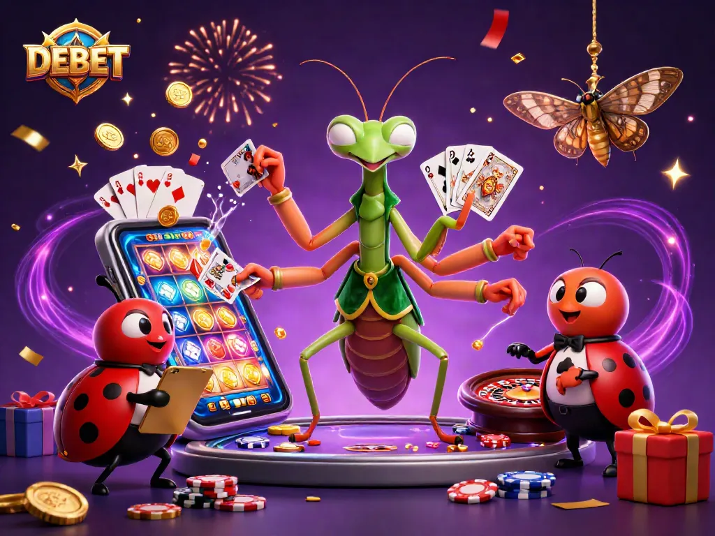 DEBET showcases a lively casino scene with a mantis card sharp and ladybug pit boss managing exciting games.