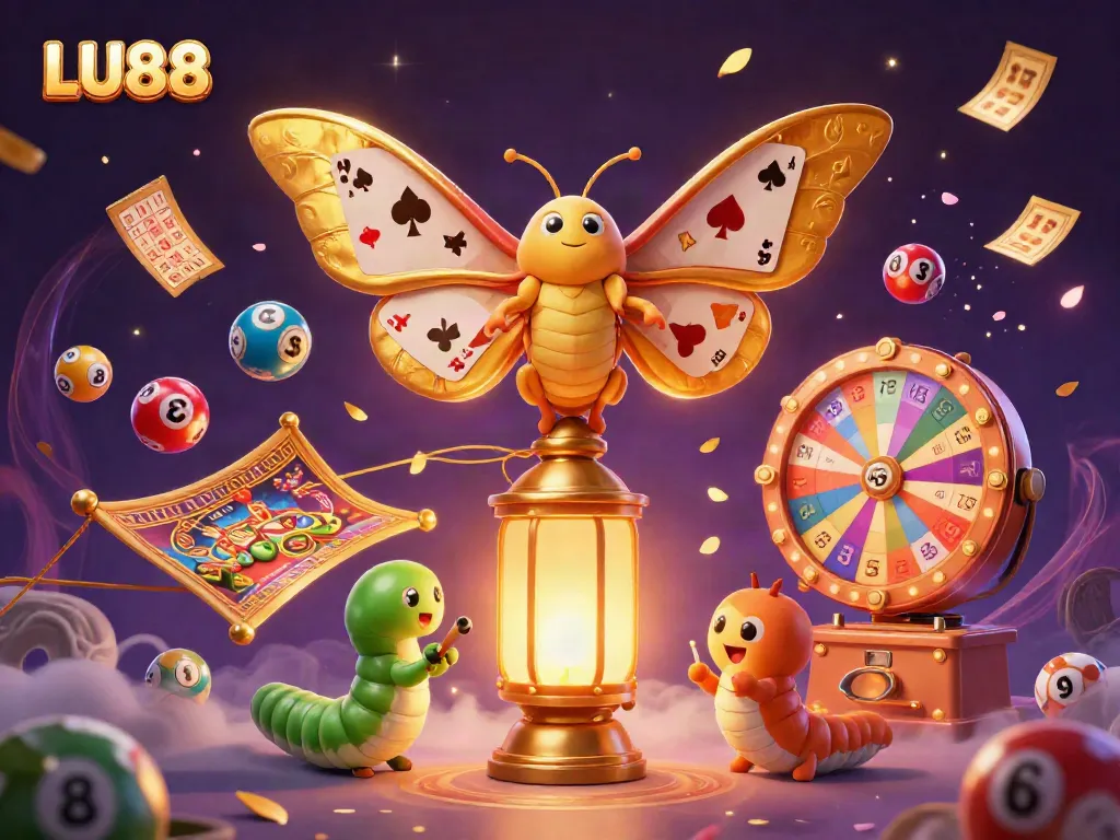 Experience LU88's vibrant casino universe with a magical moth illuminated by golden lanterns.