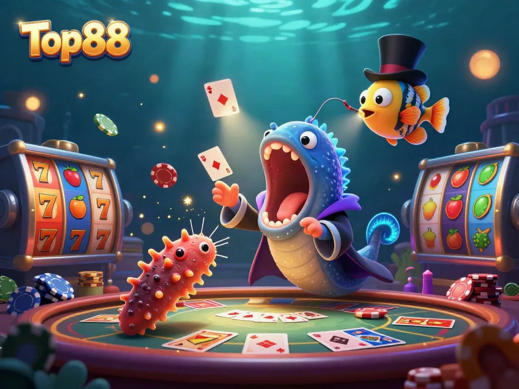 Experience Top88 with vibrant casino action featuring slot reels, glowing characters, and thrilling gameplay.