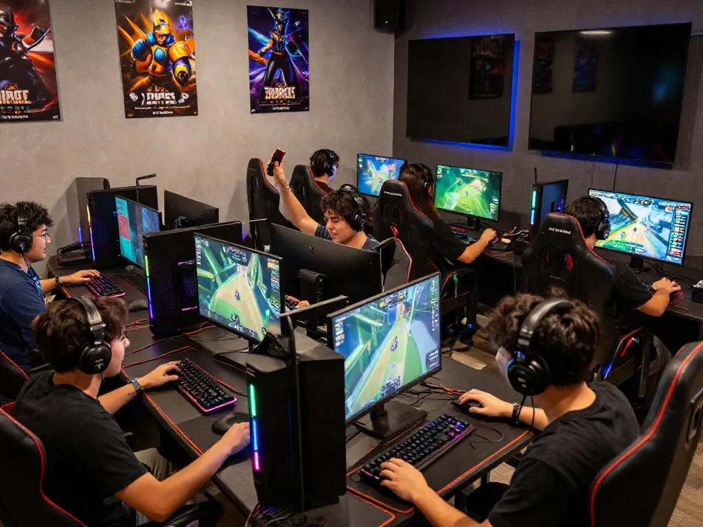 Kilat404 gaming café filled with passionate players enjoying various online games.
