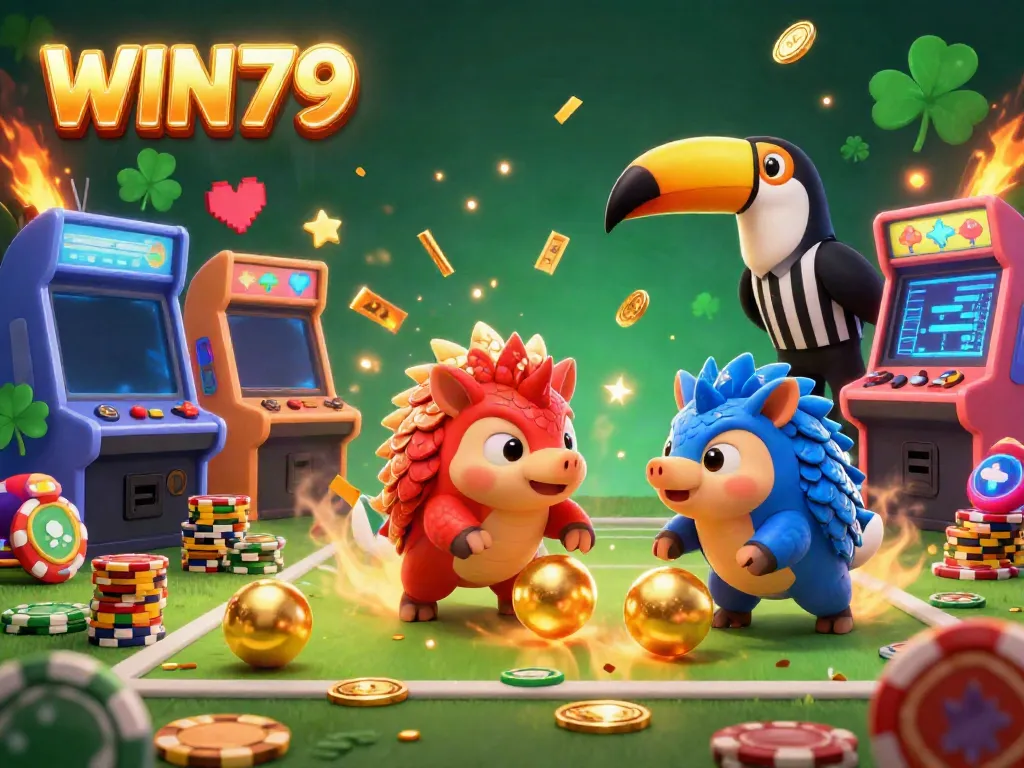 WIN79 pangolins compete in a vibrant casino scene with poker chips and arcade elements.