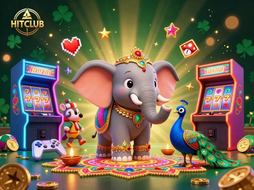 Experience the thrill of HITCLUB with a dynamic casino scene showcasing colorful game elements and vibrant 3D characters.
