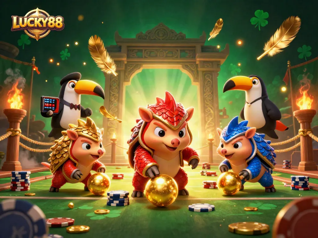 LUCKY88 showcases rival pangolins in a animated casino showdown with vibrant gaming elements.