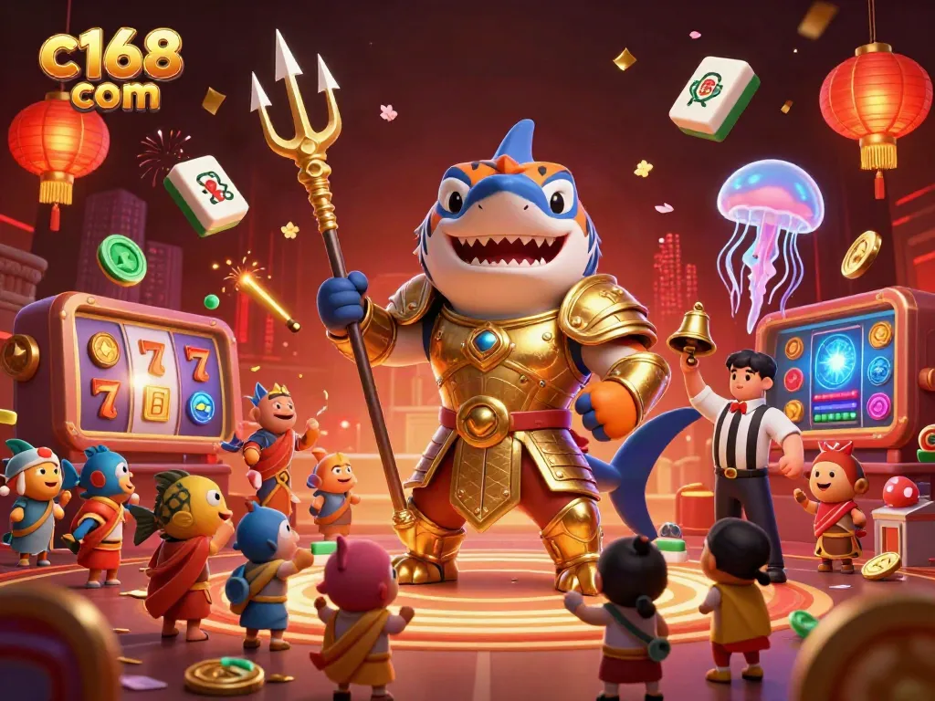 C168 com showcases a vibrant underwater casino scene with a cartoon tiger shark and dynamic gaming elements.