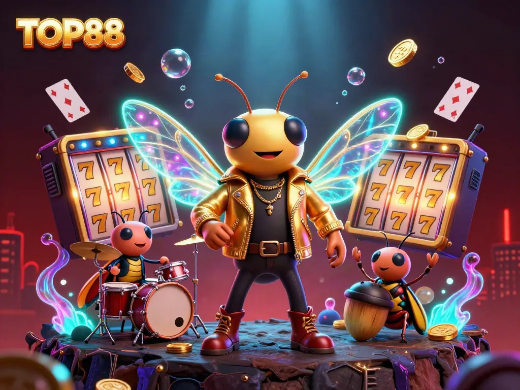 Immerse in the excitement of TOP88 with a dynamic 3D casino rock star scene featuring thrilling slot elements and vibrant game atmosphere.
