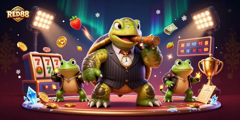 Join the action at RED88 casino, featuring a vibrant scene with a mobster turtle and frog enforcers.