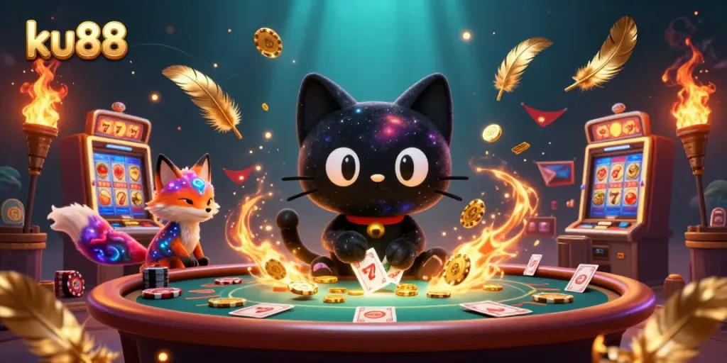 Engage with ku88's cosmic casino experience featuring a black hole cat and nebula fox.