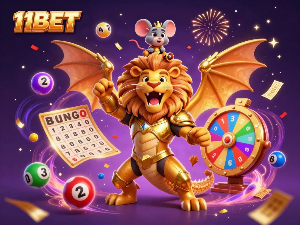 Experience the excitement of 11BET with a vibrant 3D illustration of a chimera and colorful lottery elements, capturing the thrill of online betting.