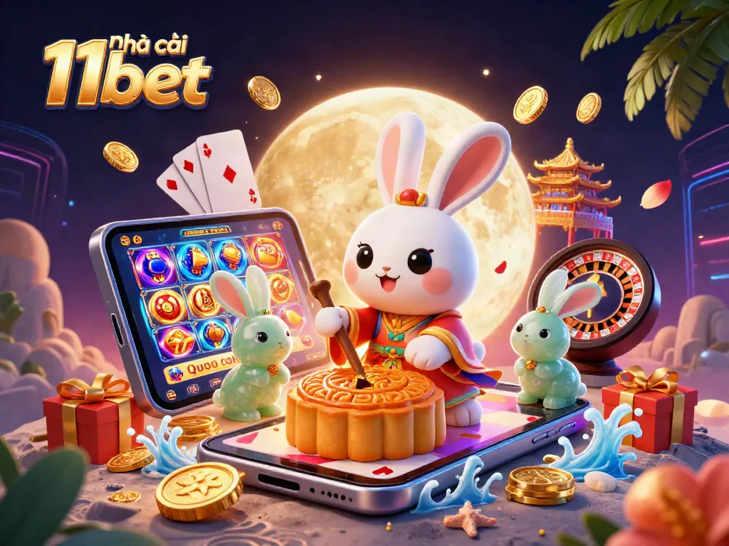Experience the excitement of nhà cái 11bet with vibrant casino elements in a magical moonlit scene.