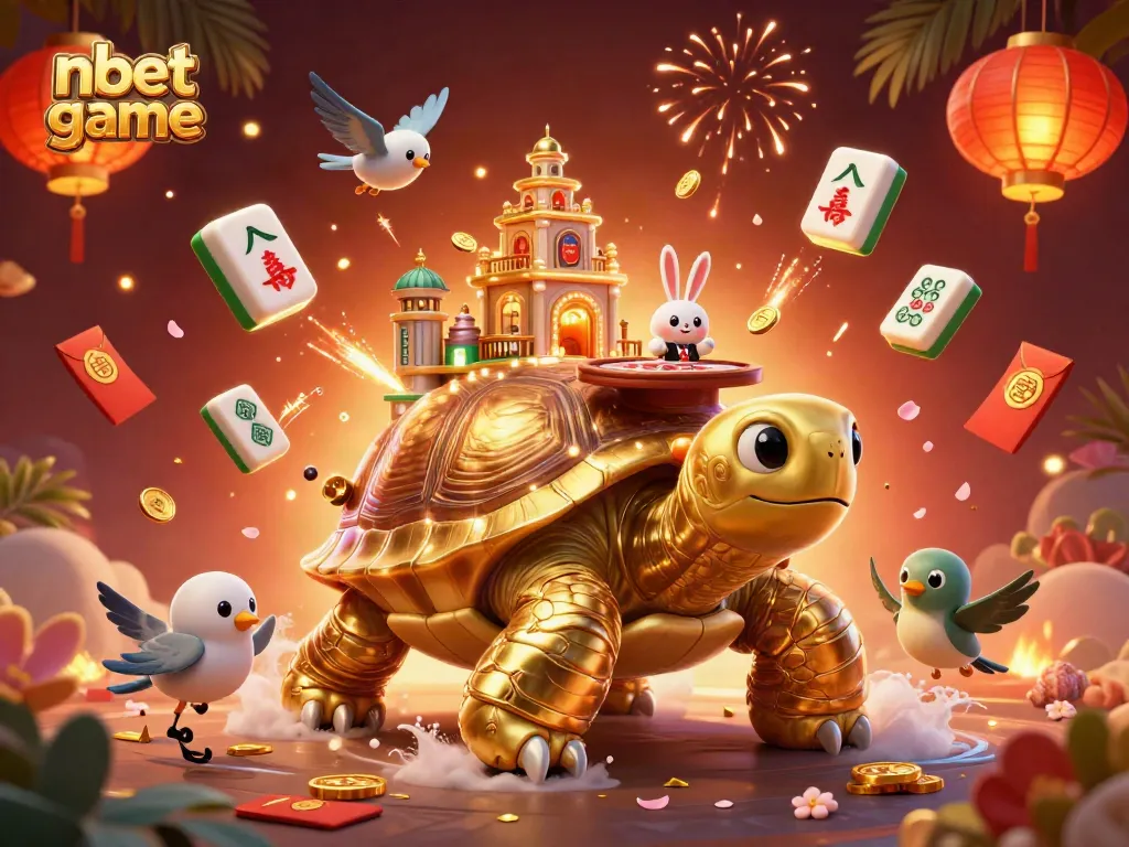Engage in the nbet game with vibrant casino scene featuring a tortoise palace and lucky symbols.