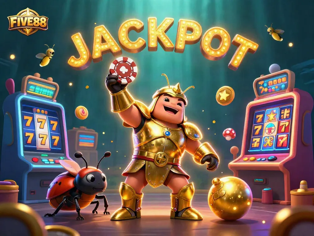 FIVE88 celebrates wins with a 3D cartoon scene of a beetle in armor lifting poker chips amidst vibrant slot machines.