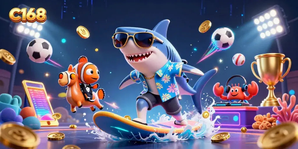 Enjoy thrilling gameplay with C168 as a shark surfs on gold coins with vibrant casino elements.