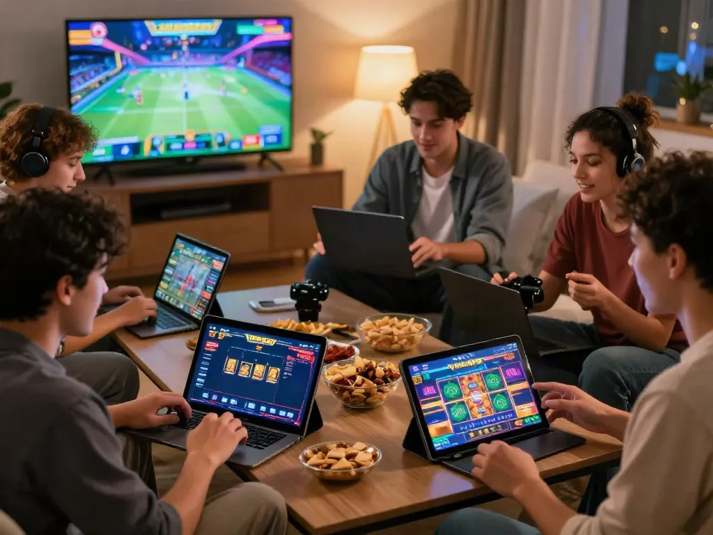 Friends engaging in a lively game night on cổng game sunwin with smartphones and vibrant graphics.