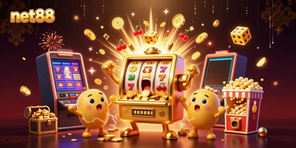 Watch net88's golden slot machine celebrating a jackpot with cheerful baby slots and popcorn bursting with excitement.