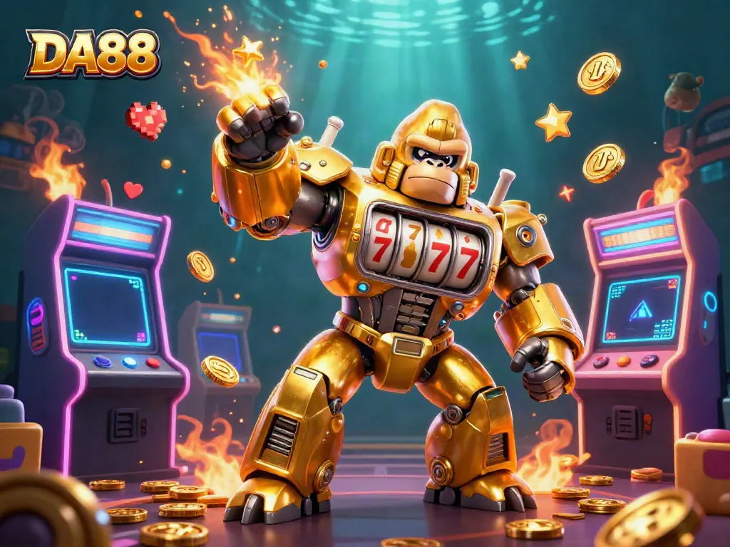 Experience thrilling gameplay with DA88's vibrant 3D casino mech surrounded by arcade elements and gold coins.