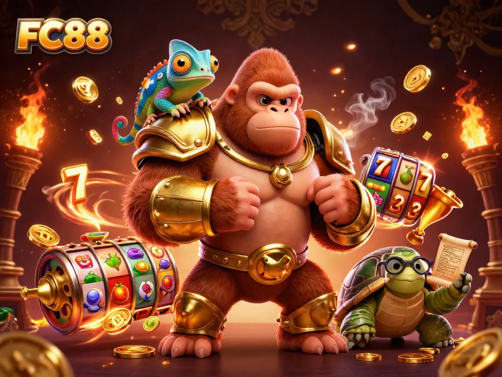FC88 brings excitement with a powerful gorilla king in golden armor in a thrilling casino environment.