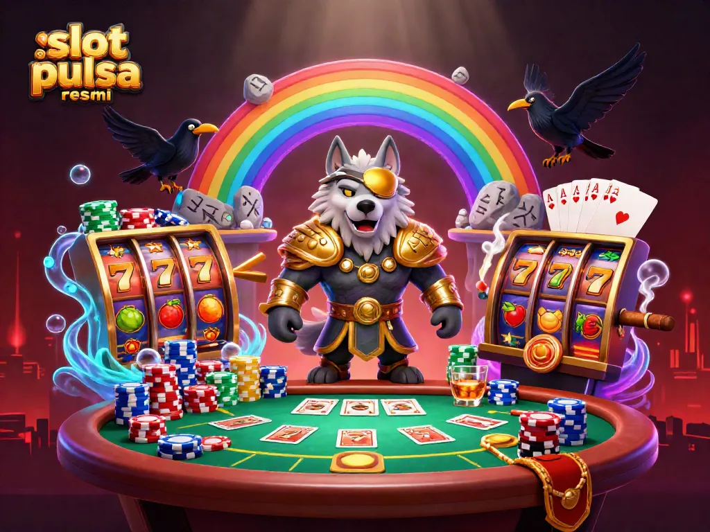 Experience the excitement of slot pulsa resmi with vibrant 3D illustration of Odin and casinos.