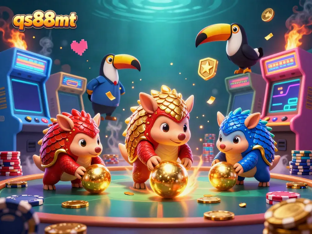 Experience qs88mt excitement with rival pangolins bowling through poker chips in a dynamic casino scene.